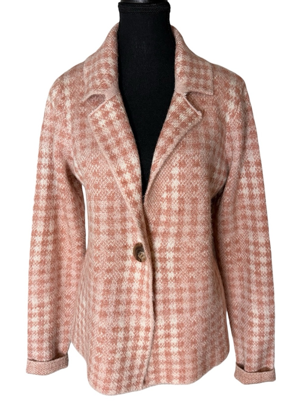 RICKI’S Pale Pink Cream Knit Cardigan Sweater Coatigan Blazer Houndstooth Medium